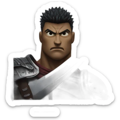 angry berserk guts carrying a huge sword on his shoulder framed on his bust sticker