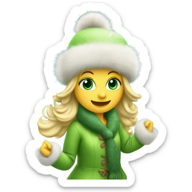 blonde girl with green eyes in a fur hat dancing in the snow full body sticker