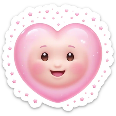Cinematic floating soft heart, chubby round edges, pastel pink glow, tiny smiling face, surrounded by dreamy sparkles, gentle and loving. sticker