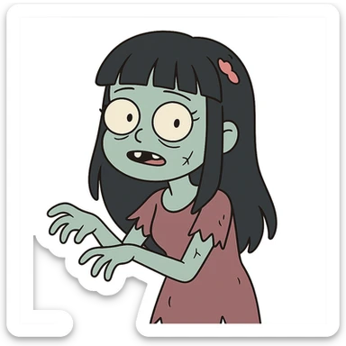 cute cartoon style zombie girl with light skin, long black hair with bangs, adorable and charming sticker