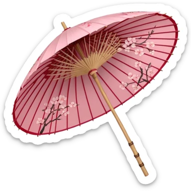 Sakura-themed Japanese wagasa parasol, pink and red washi paper, cherry blossom patterns, delicate floral design, bamboo frame, traditional Japanese style, aesthetic, elegant, no humans, pastel color palette sticker