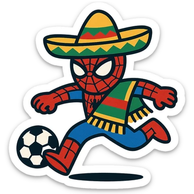 Spider-Man in Mexico kicking a soccer ball, cartoon style, vibrant colors, simple background sticker