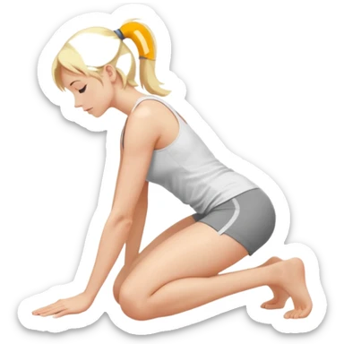 Najed Woman, blonde, kneeling forward on all fours, knees bent under hips, upper body lowered and supported by forearms, back slightly arched, head turned to the side sticker
