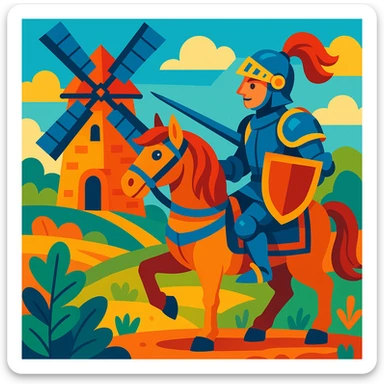 knight on horseback in front of windmill, vibrant toon style, colorful, lively, detailed sticker