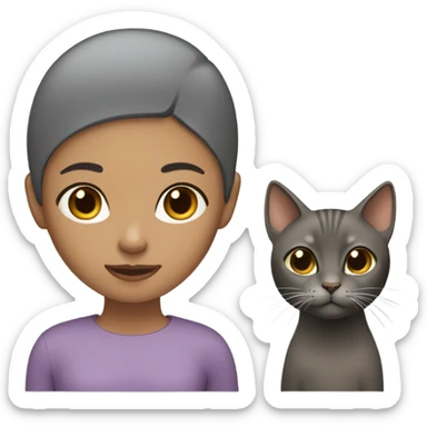 A girl with no hair and brown skin with a grey cat sticker