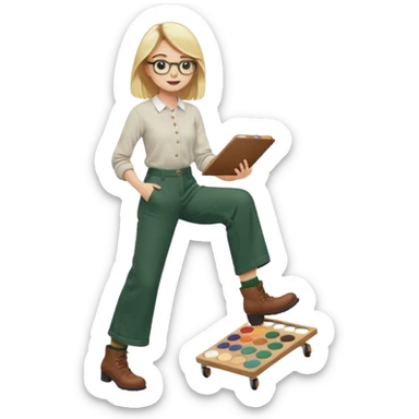 Fille blonde, pantalon ample vert foncé. Lunettes ronde fine. Bottines marrons. Elle pousse une palette remplie de chaussettes  sticker