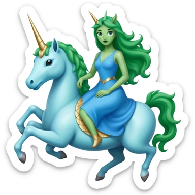 alien reptilian green woman in blue dress, rides white unicorn
 sticker
