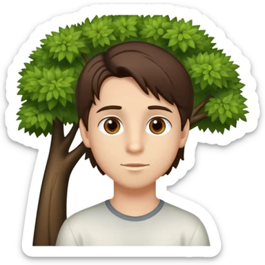 boy with straight brunette hair brown eyes and tree behind sticker