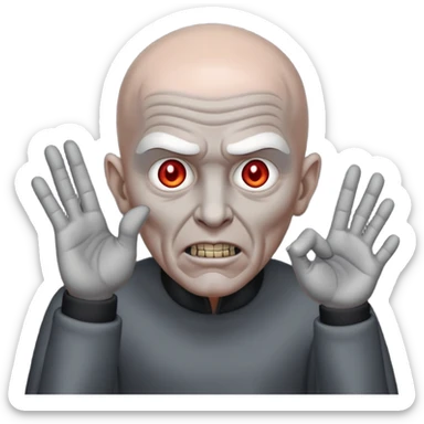 Rick Astley with bald grey head possessed by a demon because there is fingers in front of his face and he has no pupils and his head and body and clothes are grayand the background is pitch black sticker