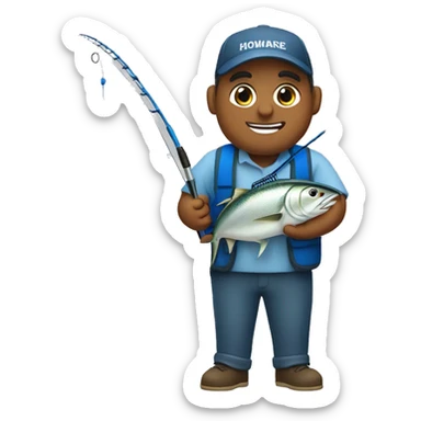 husband holding fishing rod with blue fishing line hooked tuna sticker