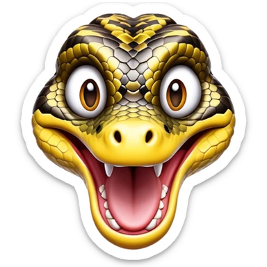 Cinematic Comical Python Portrait Emoji, Head tilted dramatically with an exaggeratedly shocked expression, featuring a robust, patterned body with wide, comically expressive eyes full of humorous disbelief, Simplified yet hilariously expressive features, highly detailed, glowing with a slightly sassy glow, high shine, dramatic yet playful, stylized with an air of quirky reptilian attitude, soft glowing outline, capturing the essence of a meme-worthy python that looks ready to side-eye its way into viral fame! sticker