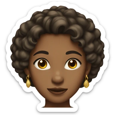 woman with short curly dark hair, skin tan, brown eyes, gold earings sticker