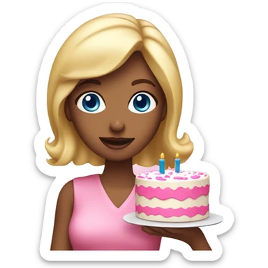 Blonde woman with blue eyes holding a pink birthday cake  sticker