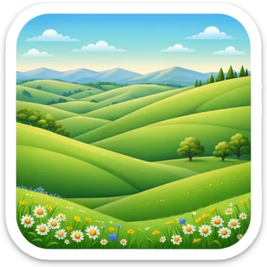 sunlit meadow with rolling hills, no mountains in the background sticker