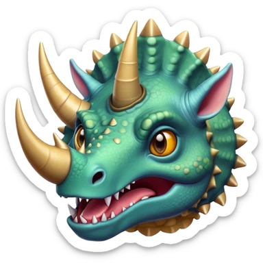 Cinematic Comical Triceratops Portrait Emoji, Head tilted dramatically with an exaggeratedly shocked expression, featuring a stout, armored body with three comically exaggerated horns and a frilled head, wide, comically expressive eyes full of playful disbelief, Simplified yet hilariously expressive features, highly detailed, glowing with a slightly sassy prehistoric glow, high shine, dramatic yet playful, stylized with an air of cheeky dinosaur mischief, soft glowing outline, capturing the essence of a meme-worthy Triceratops that looks ready to side-eye its way into viral fame! sticker