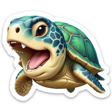 Cinematic Cute Yawning Sea Turtle Portrait Emoji, Head tilted slightly with a dramatic, wide-open yawn, showcasing a stately, patterned shell and a smooth, aged body with sleepy, half-closed eyes, Simplified yet irresistibly adorable features, highly detailed, glowing with a soft, cozy oceanic glow, high shine, relaxed yet expressive, stylized with a dash of whimsical marine charm, soft glowing outline, capturing the essence of a drowsy yet affectionate sea turtle that appears ready to stretch out for a nap! sticker