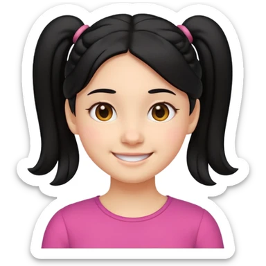 smiling girl in emoji style, black hair parted in the middle with two low pigtails near the neck, round eyes, cheerful expression, soft cartoon face, head and upper shoulders, clean lines, minimal white background, vibrant and simple sticker