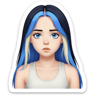 billie eilish long black hair, blue eyes dark eyeliner makeup, wearing white singlet sticker