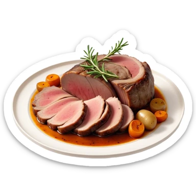 Roast Lamb Cinematic Realistic Roast Lamb Dish Emoji, depicted as thinly sliced roast lamb arranged artfully on a plate, rendered with rich textures and warm, inviting lighting. sticker