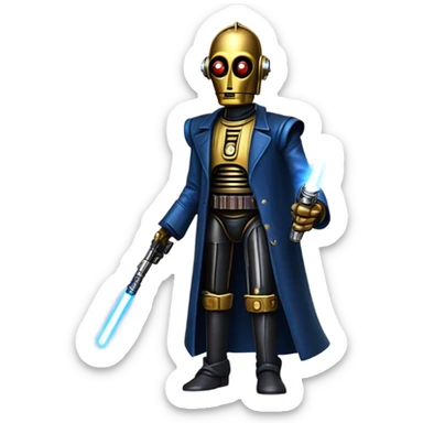 human-sized darkblue-pearl friendly bounty hunter c3po droid wearing a leather wild west duster holding light saber ready to fight but relaxed. antique sticker
