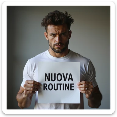 hyperrealistic 4K image of a sporty man with a sad expression holding a sheet with the text 'NUOVA ROUTINE', no background, variation 17 sticker