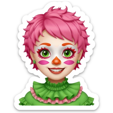 Bright green short hair.

White face paint with green eye makeup and a red nose.

Big wide smile.

Wearing a pink ruffled collar with an orange outfit. sticker