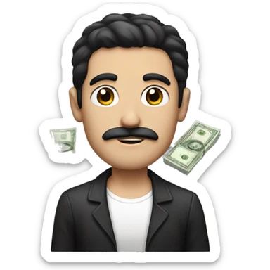 dark hair dark eye man with short mustache holding money sticker