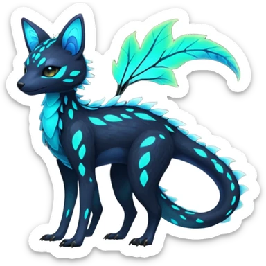 Rare realistic dark-neon glowing bioluminescent edgy badass epic pretty beautiful handsome gorgeous aesthetic colorful vibrant Vernid-Trico-species-Fakemon-creature by LiLaiRa, 4 legs, 1 tail, random markings, (full body) sticker