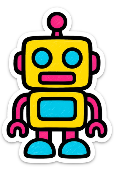 A robot icon with black outlines and filled with vibrant colors, giving it a playful and modern look. sticker