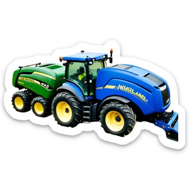 Baler – New Holland Roll-Belt 560 (2018) – Cinematic-realistic John Deere 6155M tractor towing a New Holland Roll-Belt 560 baler, its deep green body contrasting with the bright blue baler. The massive machine moves steadily through golden fields, compressing freshly cut hay into tight round bales, while dust swirls under the blazing afternoon sun. sticker