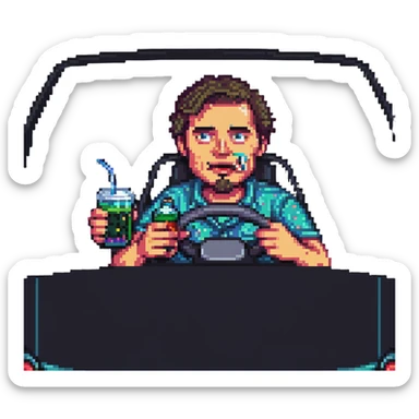 man drinking and driving with exaggerated features, cartoonish, pixel art style sticker
