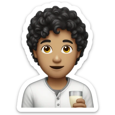 A pasty white teenage boy with dark black curly holding a wineglass of milk sticker