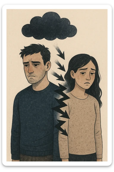 Vertical format: A man with a frustrated and gloomy expression, a dark cloud above his head, next to him a woman appears tired and overwhelmed, negative energy transferring from him to her, heavy atmosphere. sticker