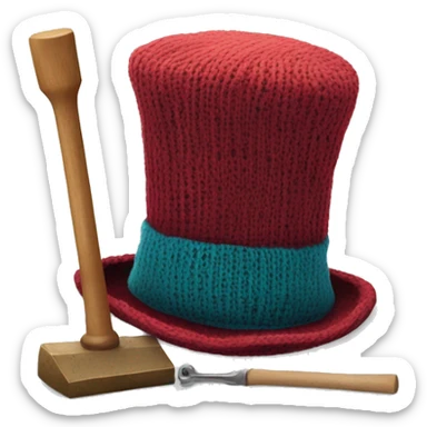 a knit top hat with fly on top of try on top of it and a hammer on a trap sticker