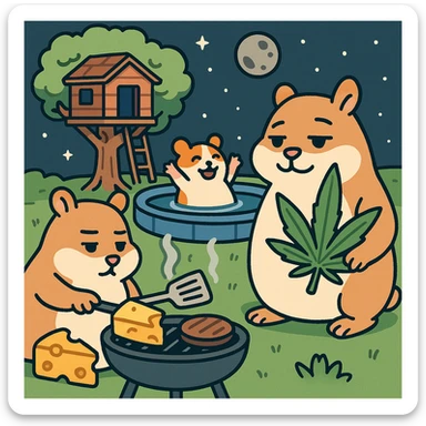 Discord server icon, 512x512 px, square format, summer pool cookout scene with up to 3 hamsters, weed leaf, cheese, and THC theme, near a treehouse, in space, flat toon style, soft but colorful, bold outlines, nostalgic, fun, inviting, summer party vibe, clear composition, less vibrant colors, crisp details, designed to look good even at tiny size sticker