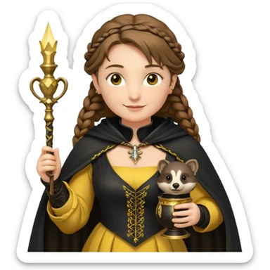 Helga Hufflepuff,the Hogwarts founder of Hufflepuff,brown-haired,2braids,yellow-black medieval dress with black cloak decorated with gold braiding,flickering magic wand and tiny two-handled shiny gold cup engraved with the badger silhouette,very kind smile,curvy busty sweet sticker