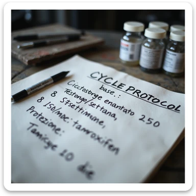 Close-up of a handwritten sheet with a bodybuilding cycle start protocol: 'Ciclo base: testosterone enantato 250 mg/settimana, 8 settimane, protezione: tamoxifene 10 mg/die'. Hyperrealistic style, 4K, gym desk, professional atmosphere. sticker