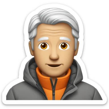 gray-haired white man with an orange down jacket sticker