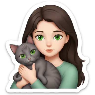 Brunette girl with green eyes cuddling grey cat sticker