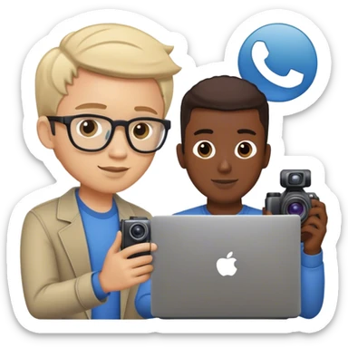 two guy, one is  who working in a social media management company, taking photos or videos with a cam, the other one is having a laptop in his hands sticker