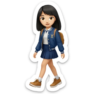 black color long hair with fringe, light skin long hair girl with brown varsity jacket,  navy long skirt walking

 sticker