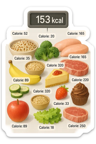 a digital calorie counter hovers above a variety of foods arranged on a table—fruits, vegetables, grains, meats, and desserts. Each food has a floating label showing its calorie content. The background is clean and modern, emphasizing the educational aspect of calorie awareness. scritto in italiano sticker
