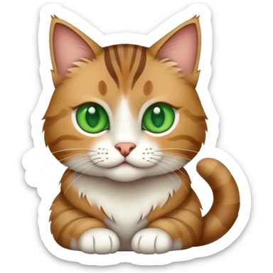 A tabby cat with green eyes sitting and showing its white stomach sticker