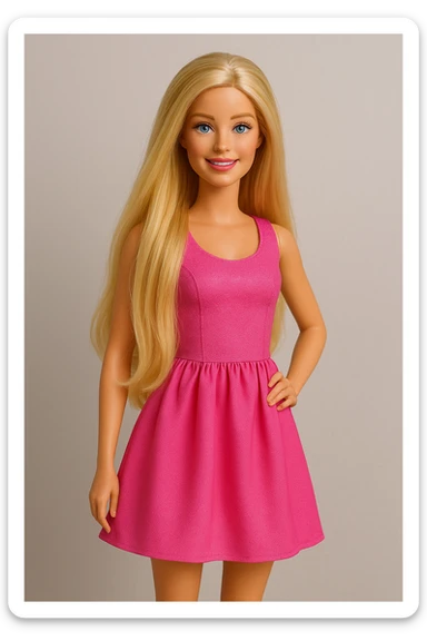 Barbie doll with long blonde hair, pink dress, smiling, standing pose sticker