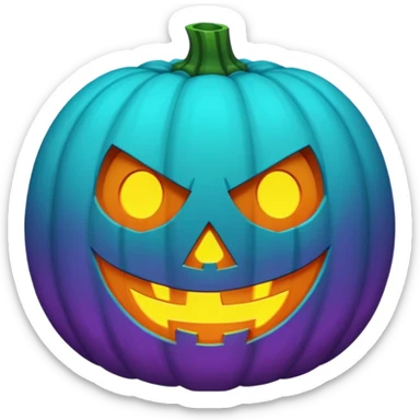A futuristic glowing jack-o'-lantern face emoji, purple and cyan colors only, dark background sticker