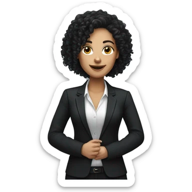corporate white woman, long black curly hair, with a phone, black blazer  sticker
