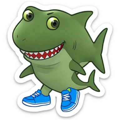 Shark with 4 legs wearing blue shoes on his feet sticker