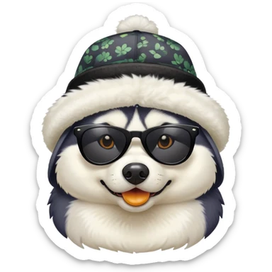 Husky dog wearing black sunglasses and a hat with duck pattern sticker