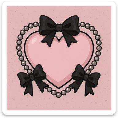 pastel goth heart with black bows and pearls, soft pink and black, cute gothic style sticker