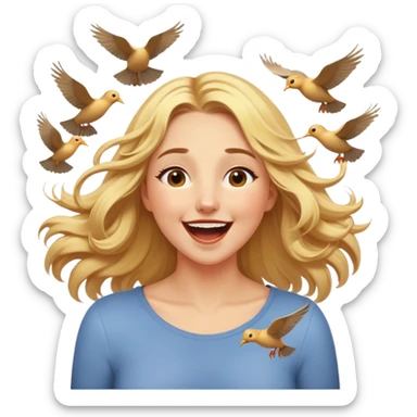 Cinematic Adorable Aurora Portrait Emoji, Giggling in surprise as birds land on her shoulders, cheeks flushed, golden locks bouncing, an irresistible mix of playfulness and beauty! sticker